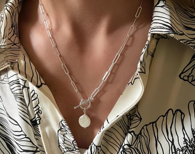 Sterling Silver Toggle Paperclip Chain Necklace | Coin Pearl
