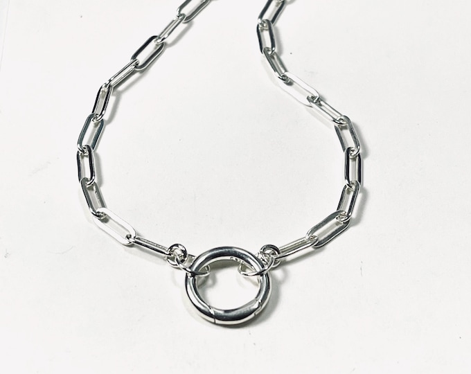 925 Sterling Silver Paperclip Chain Necklace • Front Charm Collector Clasp • 3.5mm wide chain