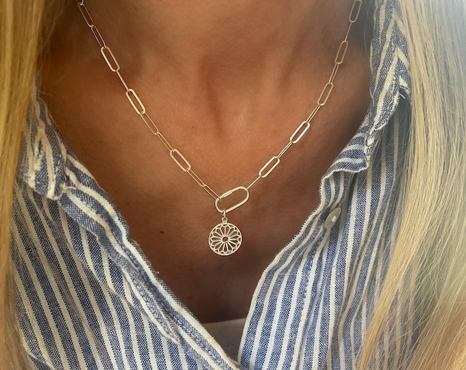 S925 Paperclip Carabiner Necklace | mandala pinwheel pendant | gift for her | lightweight 3x11mm links