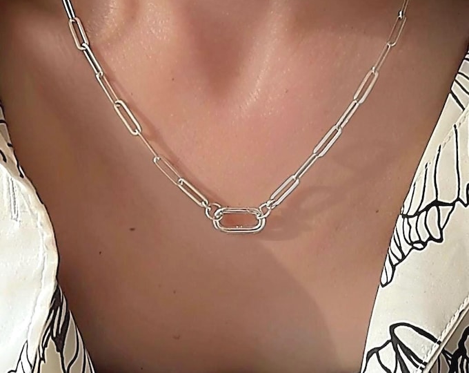 Sterling Silver Paperclip Necklace | Oval Charm Collector Clasp