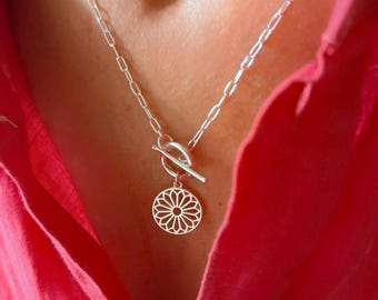 Sterling Silver Toggle Mandala Necklace | Paperclip Chain