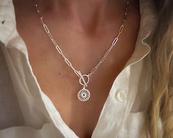 Silver Flat Paperclip Toggle Necklace | round mandala pendant | 925 sterling silver | 3.5x9mm links