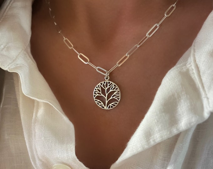 Silver Tree of Life Necklace | Flat Paperclip Chain | 925 sterling Silver | 3.5 x 9mm links
