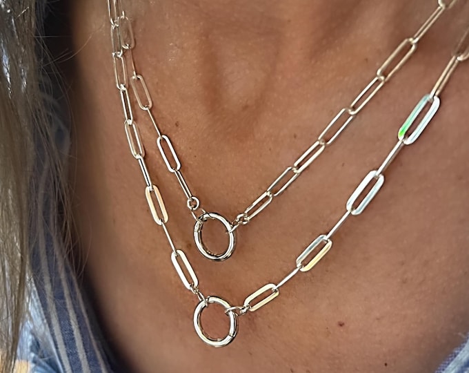 925 Silver Charm Keeper Necklace | flat paperclip chain | pendant holder clasp | 2 chain width options