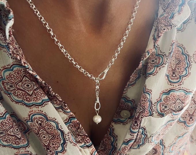Double Swivel Clasp Necklace + Removable Pearl | 4mm rolo chain | solid sterling silver