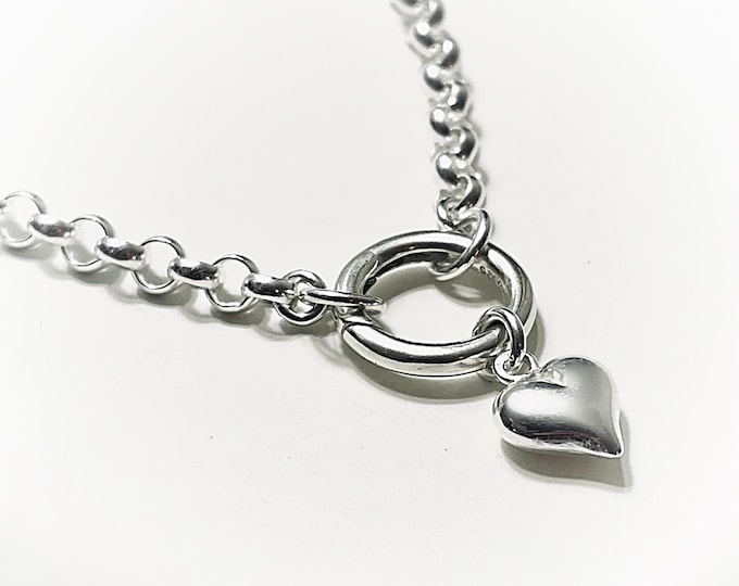 Sterling Silver Rolo Necklace | Puffed Heart Charm, Charm Keeper Clasp