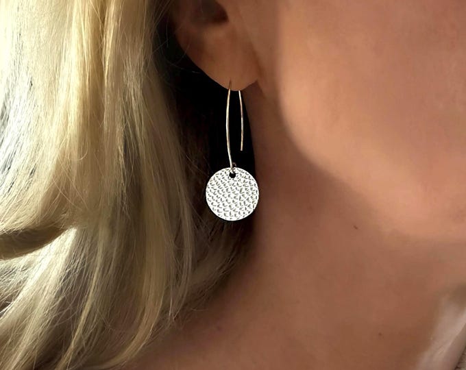 Sterling Silver Textured Disc Drop Earrings | long ear hooks