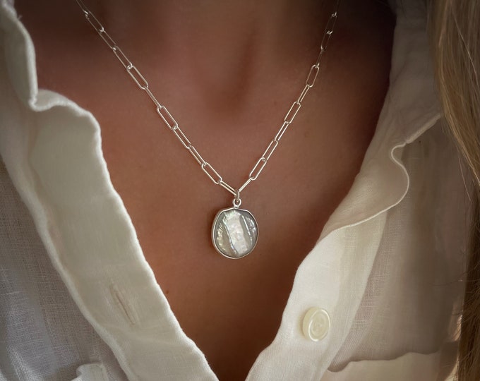 Silver Coin Pearl Necklace | paperclip chain | removable pendant | smooth 3mm links | 925 sterling silver