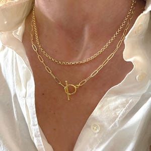Peut inclure: Deux colliers dorés superposés. Le collier supérieur est une chaîne délicate, tandis que le collier inférieur présente un design à maillons ovales avec un fermoir à bascule. Les colliers sont portés sur une chemise blanche boutonnée.