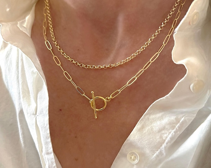 Gold Toggle Paperclip Necklace | 14K Gold Thick-Plate | lightweight chain
