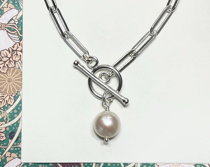 925s Toggle Pearl Paperclip Chain Necklace | med-weight, 4x11.5mm links | 925 sterling silver
