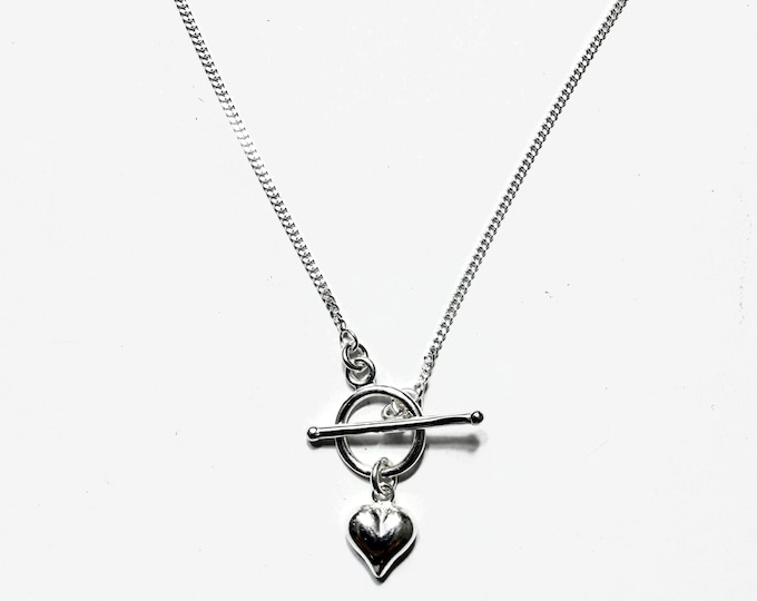 Silver Puffy Heart Toggle Necklace | 1.5mm curb chain | 925 sterling silver