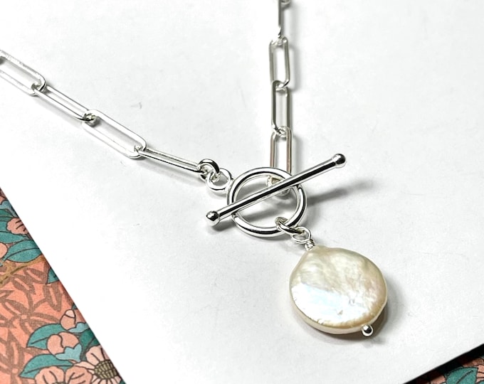 Sterling Silver Toggle Paperclip Chain Necklace | Coin Pearl