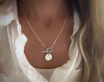 Silver Toggle Paperclip Necklace | medallion pendant | 925 sterling silver | 2 chain width options