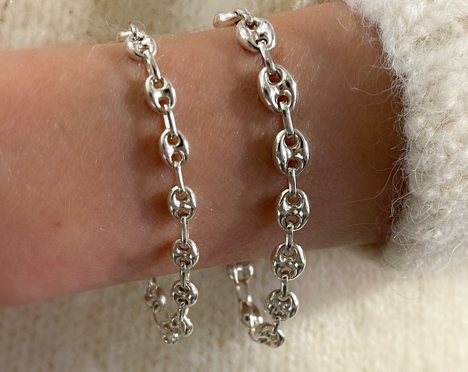 Silver Puffed Mariner Chain Bracelet | anchor link | 925 sterling silver | gift for him or her