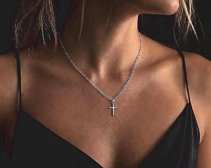 Sterling Silver Cross Necklace | dainty paperclip chain