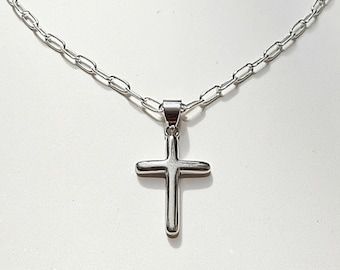 Sterling Silver Minimalist Cross Necklace | paperclip chain