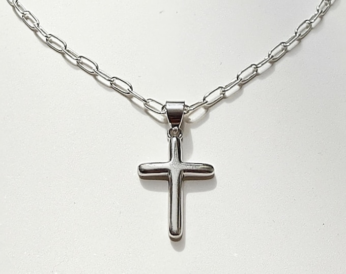 Sterling Silver Minimalist Cross Necklace | paperclip chain