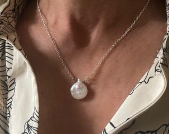 Sterling Silver Coin Pearl Necklace | rolo chain | unique gift for her