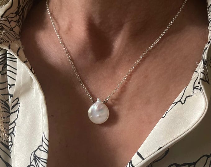 Sterling Silver Coin Pearl Necklace | rolo chain | unique gift for her