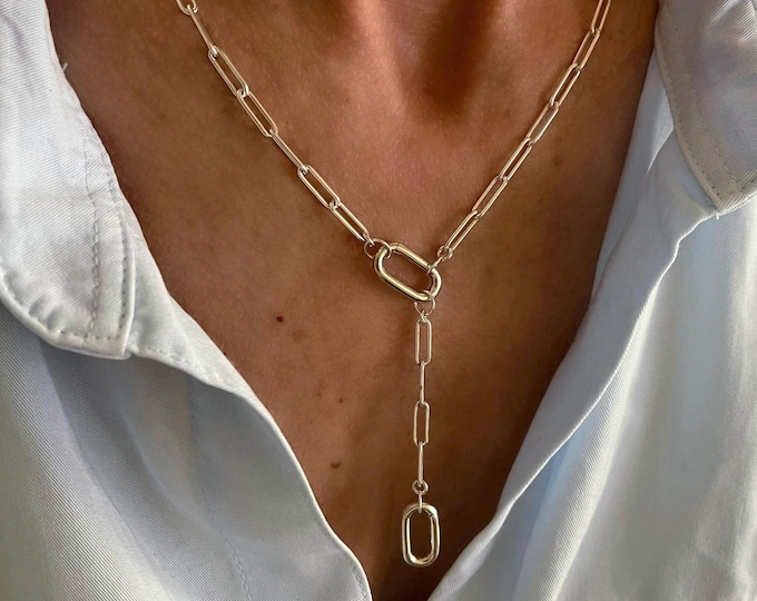 Silver Paperclip Double Carabiner Clasp Necklace | removable chain extension | solid 925 sterling silver