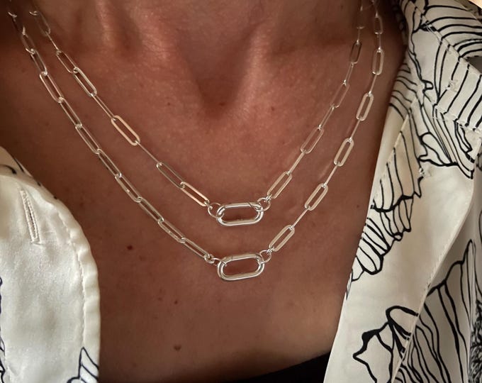 925 Silver Carabiner Paperclip Necklace | 2 chain options | add your own charms