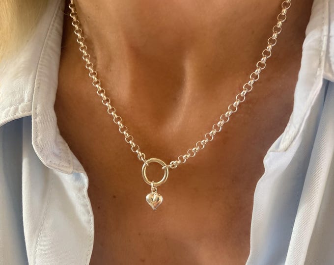 925S Puffy Heart Charm Clasp Necklace | rolo chain 4mm wide | 925 silver jewelry