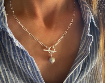Silver Pearl Toggle Necklace | paperclip chain 3mm | 925 sterling silver