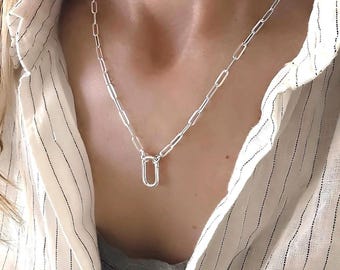 Sterling Silver Paperclip Necklace | Oval Charm Collector Clasp