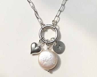 Sterling Silver Personalized Initial Necklace | charm clasp, paperclip chain