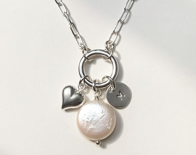 Sterling Silver Personalized Initial Necklace | charm clasp, paperclip chain