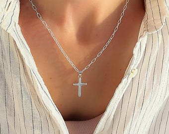 925 Silver Cross Necklace | minimalist paperclip chain