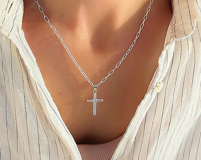925 Silver Cross Necklace | minimalist paperclip chain
