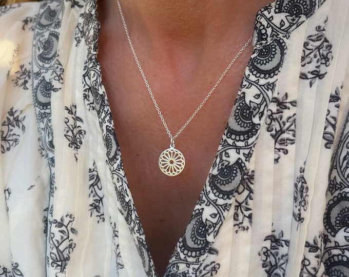 Sterling Silver Sun Medallion Necklace | round filigree pendant | mandala pendant | gift for women