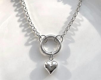 Sterling Silver Rolo Charm Clasp Necklace • Removable Puffy Heart | 3mm rolo