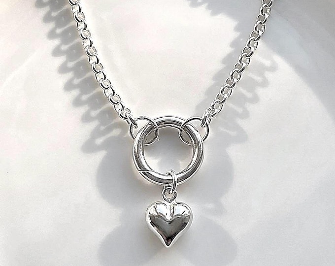 Sterling Silver Rolo Charm Clasp Necklace • Removable Puffy Heart | 3mm rolo
