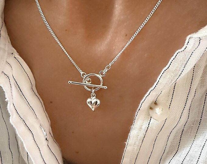 925 Silver Puffy Heart Toggle Necklace | 1.5mm curb chain | sterling silver