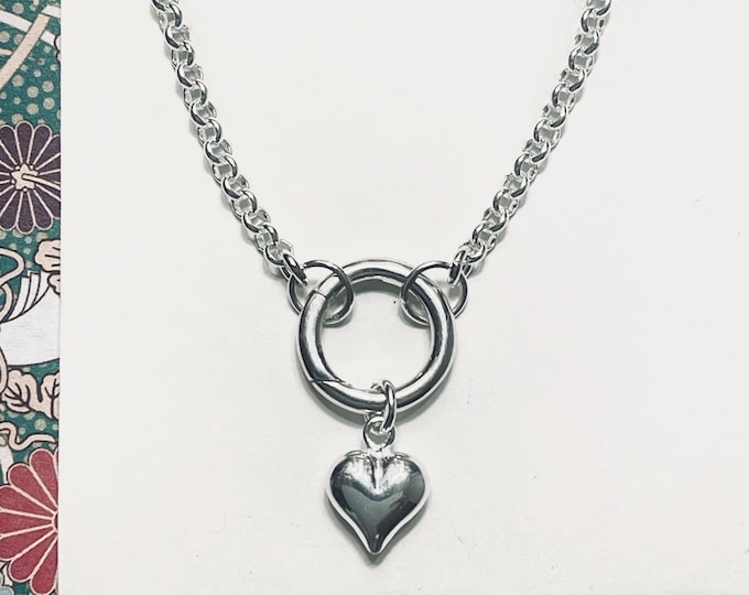 Sterling Silver Front Clasp Charm Necklace • Puffy Heart • 2.8 mm Rolo Chain
