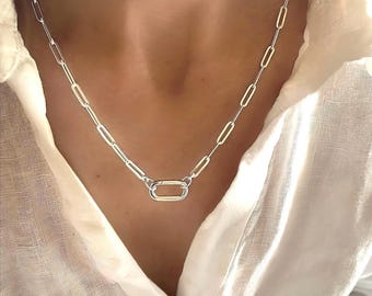 Silver Carabiner Charm Clasp Necklace | flat paperclip chain, 3.5mm