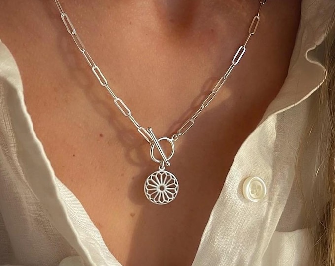 Silver Toggle Paperclip Necklace | Sunburst Pendant | 2 silver metal options