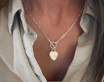 Silver Paperclip Toggle Necklace | heart pendant | 925 sterling silver | 3.5mm flat links