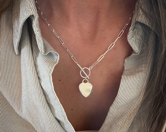 Silver Paperclip Toggle Necklace | heart pendant | 925 sterling silver | 3.5mm flat links