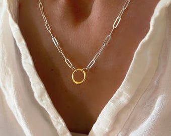 Mixed Metals Paperclip Necklace | charm clasp | Silver chain + gold clasp