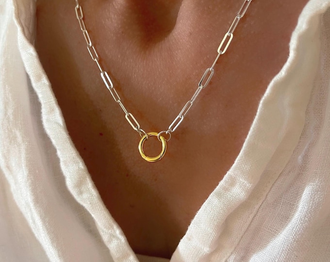 Mixed Metals Paperclip Necklace | charm clasp | Silver chain + gold clasp