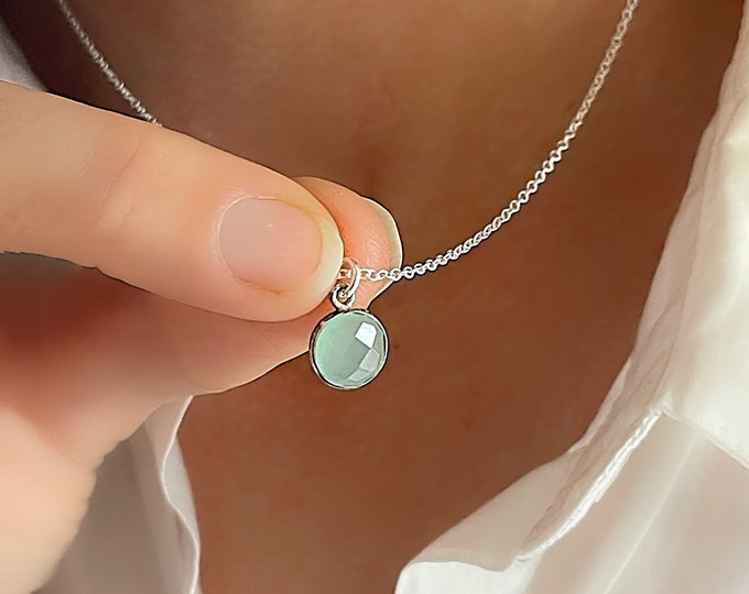 Small Aqua Necklace | round chalcedony pendant | dainty jewelry | gift for her
