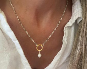 Mixed Metals Pearl + Charm Clasp Necklace | removable pendant | 925 sterling silver + 14k gold vermeil | 2.8mm Rolo chain