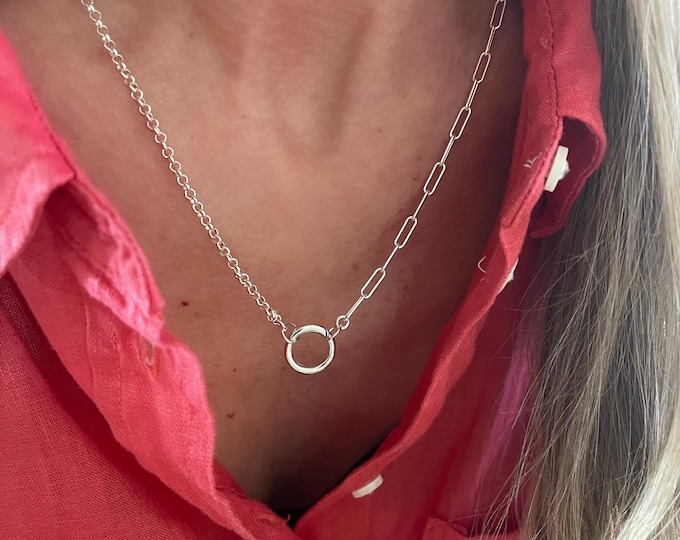 925 Silver Mixed Chains Charm Clasp Necklace | half and half rolo and paperclip | sterling silver