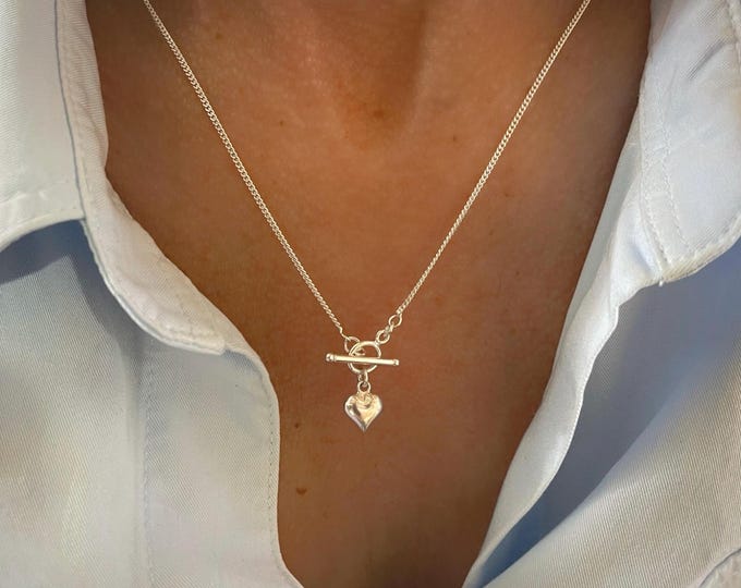 Silver Puffy Heart Toggle Necklace | 1.5mm curb chain | 925 sterling silver