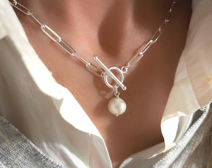 Sterling Silver Paperclip Pearl T Bar Necklace | shipping included | 925 sterling silver | 4x11.5mm links |
