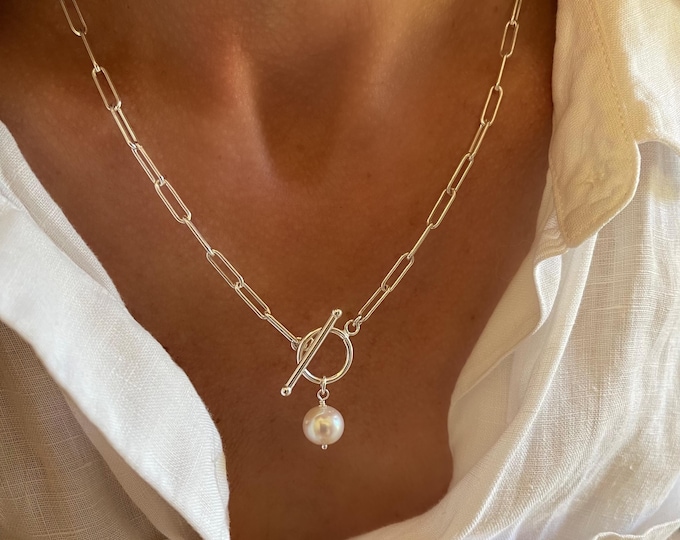 Pearl Toggle Clasp Paperclip Necklace | 925 sterling silver | rounded or flat chain | shipping included